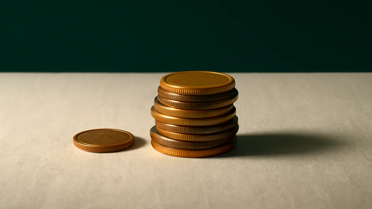 Editorial still life of a small stack of coins in warm lighting