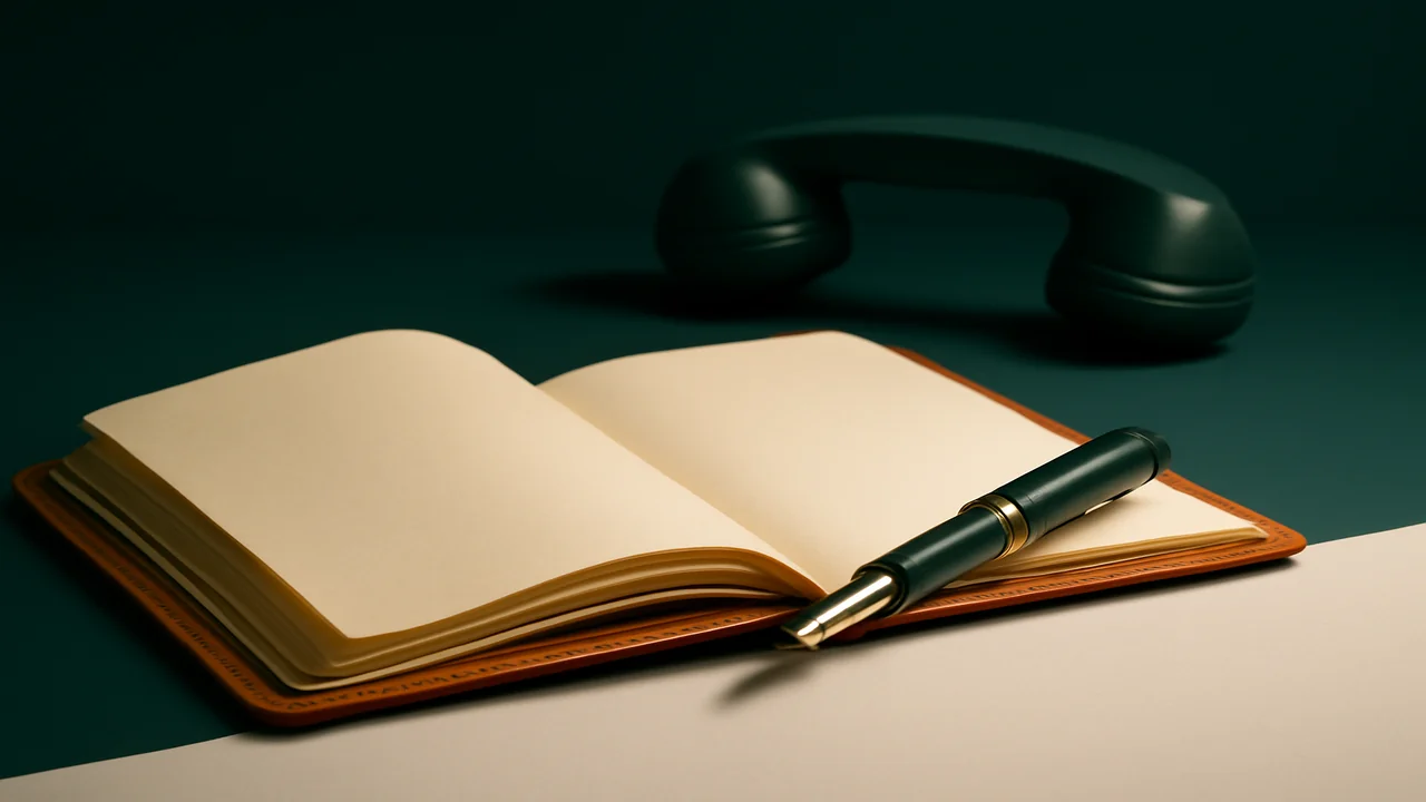 Editorial still life of a notebook and pen referencing help-line note taking