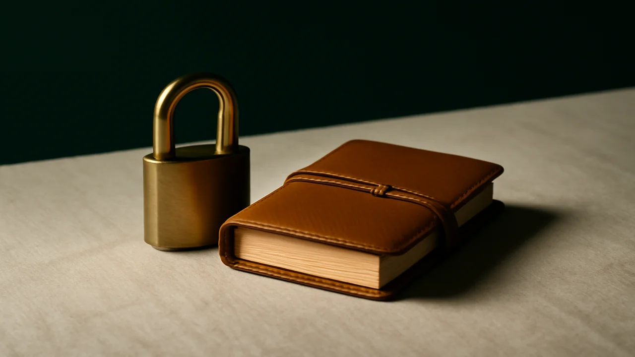 Editorial still life of a brass padlock and a leather journal