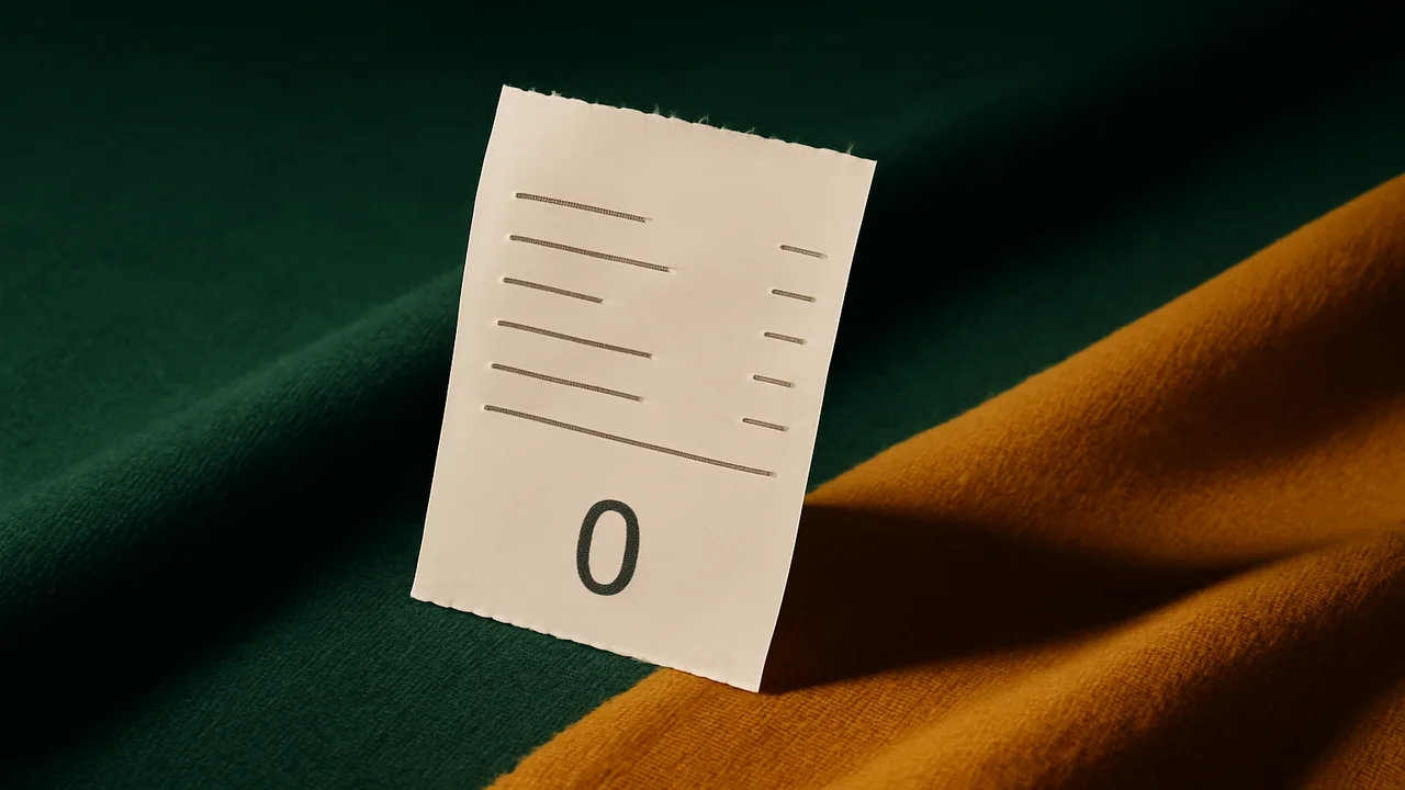 Editorial still life of a paper receipt printed with a zero total